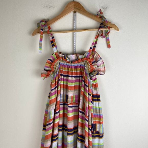 Rue de la Lune Sabi Dress Size ML Pink Multi Ruffle Cotton Stripe Maxi Colorful - Picture 10 of 14